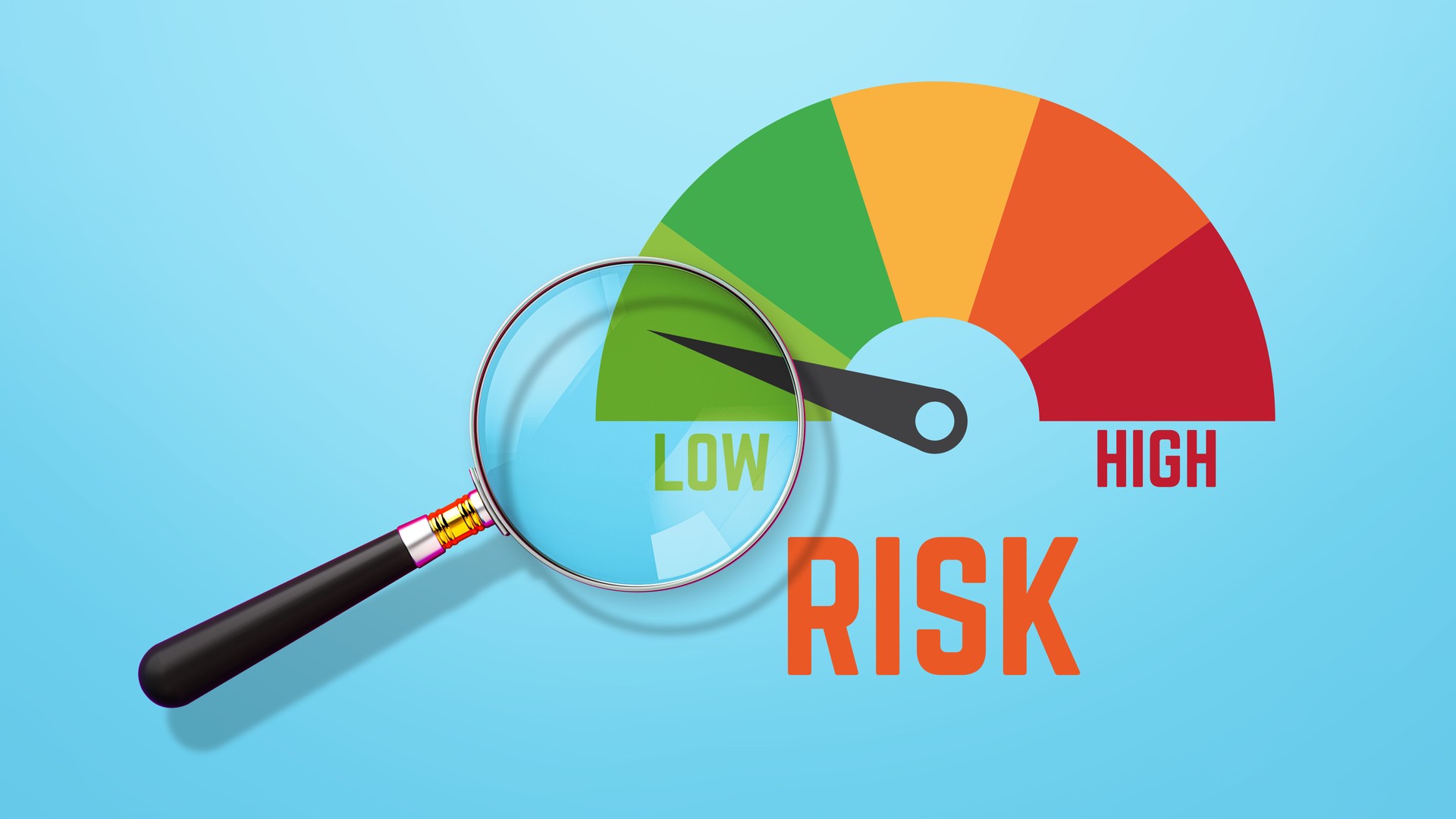 Risk Assessment and Analysis Icon on Speedometer with Magnifying Glass in 3D Rendering